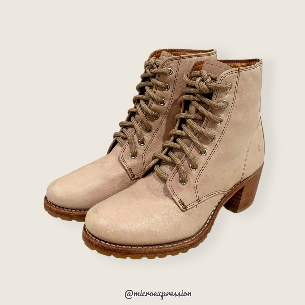 $399 Frye Sabrina 6G Lilac Pink/Cream Leather Lace Up Block Heeled Ankle Booties - Picture 13 of 16